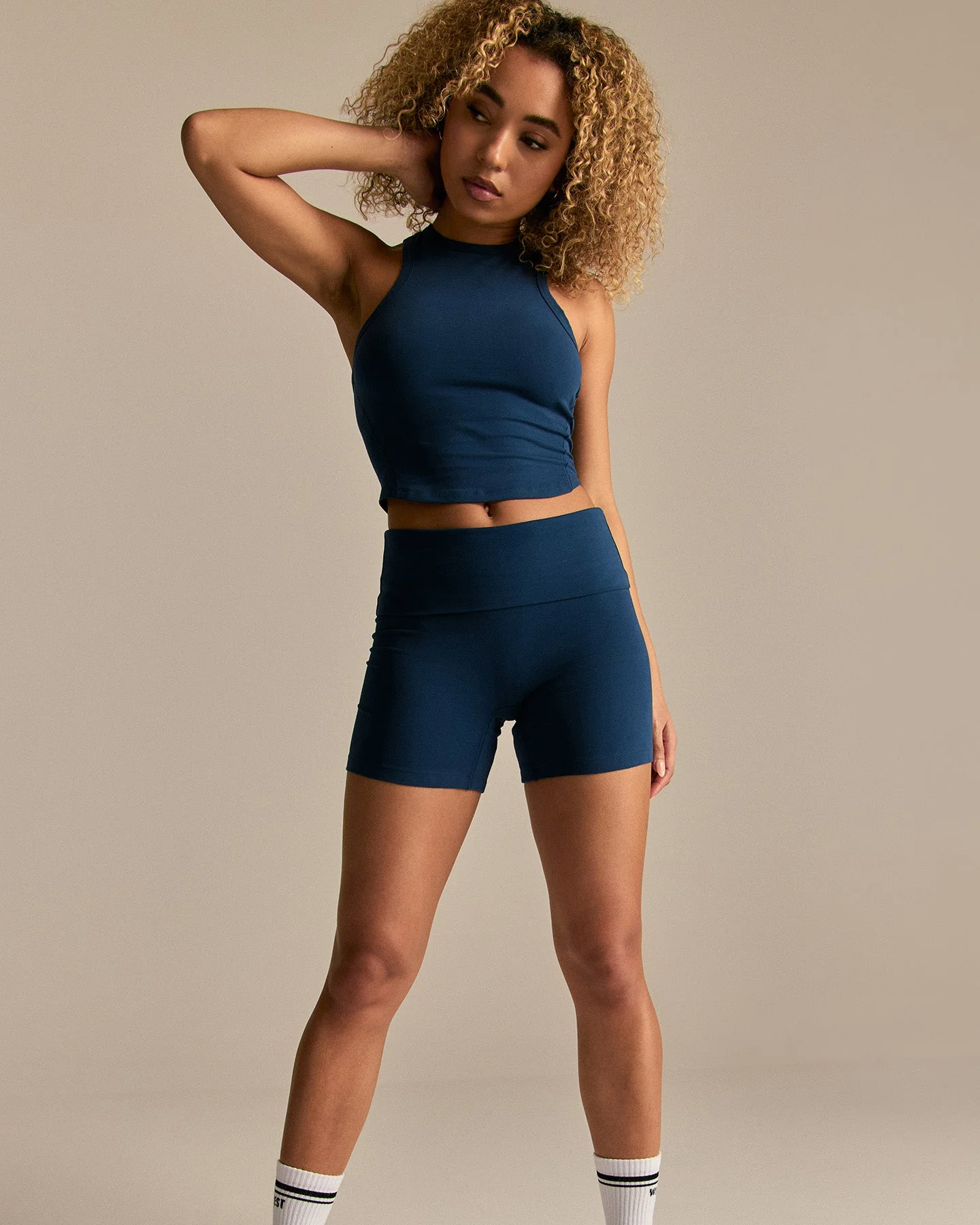 Cotton Contour Fold Over Shorts | True Navy - Image 4